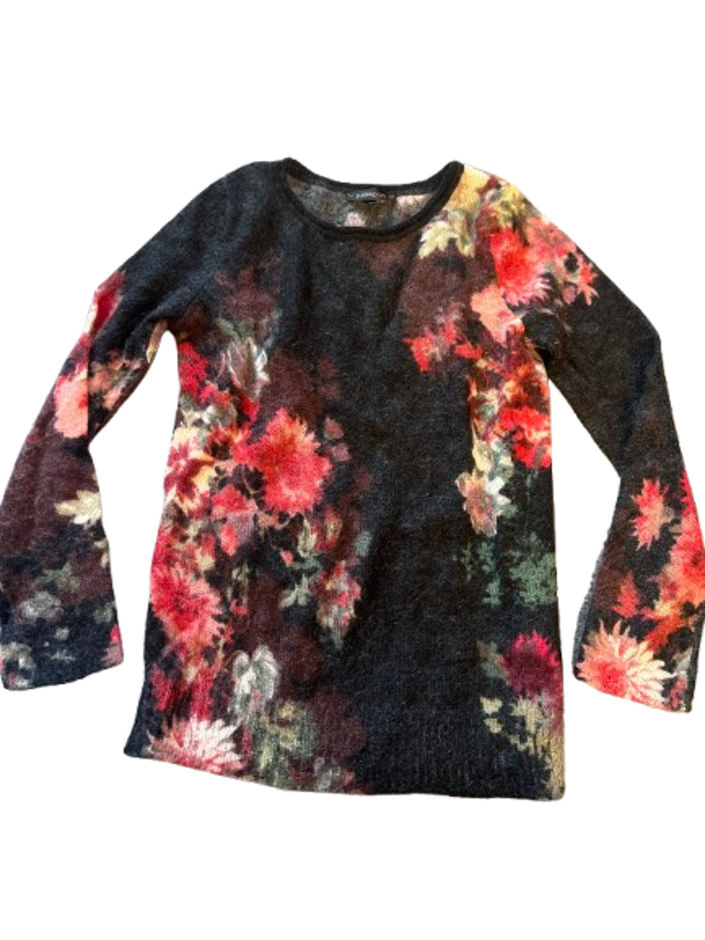 Passport Womens Red Black Floral Soft Crew Neck Long Sleeves Sweater Size 38